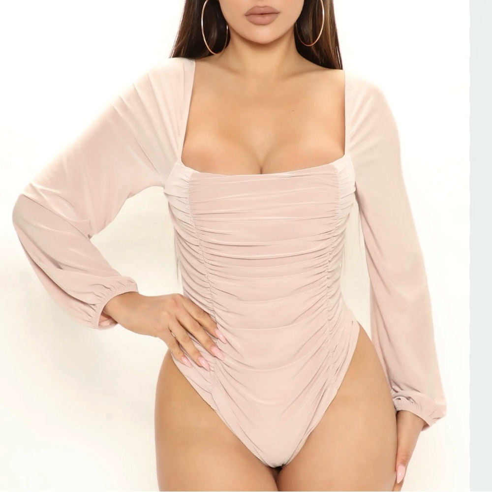 21 Saints Women’s Elegant Beige Ruched Nude Long Sleeve Bodysuit